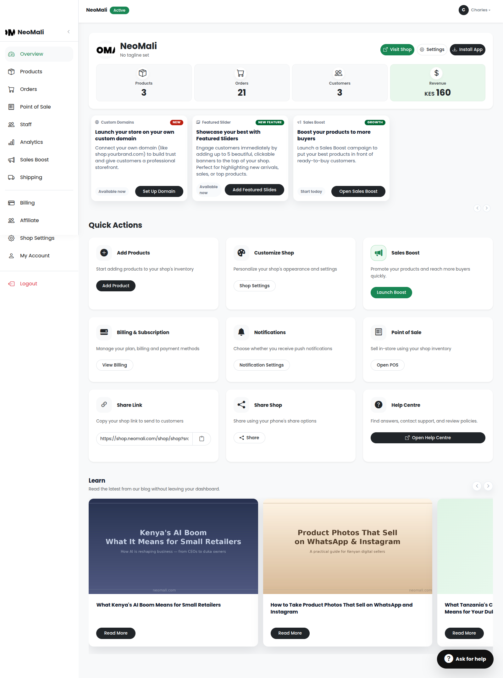 Neomali Dashboard Overview