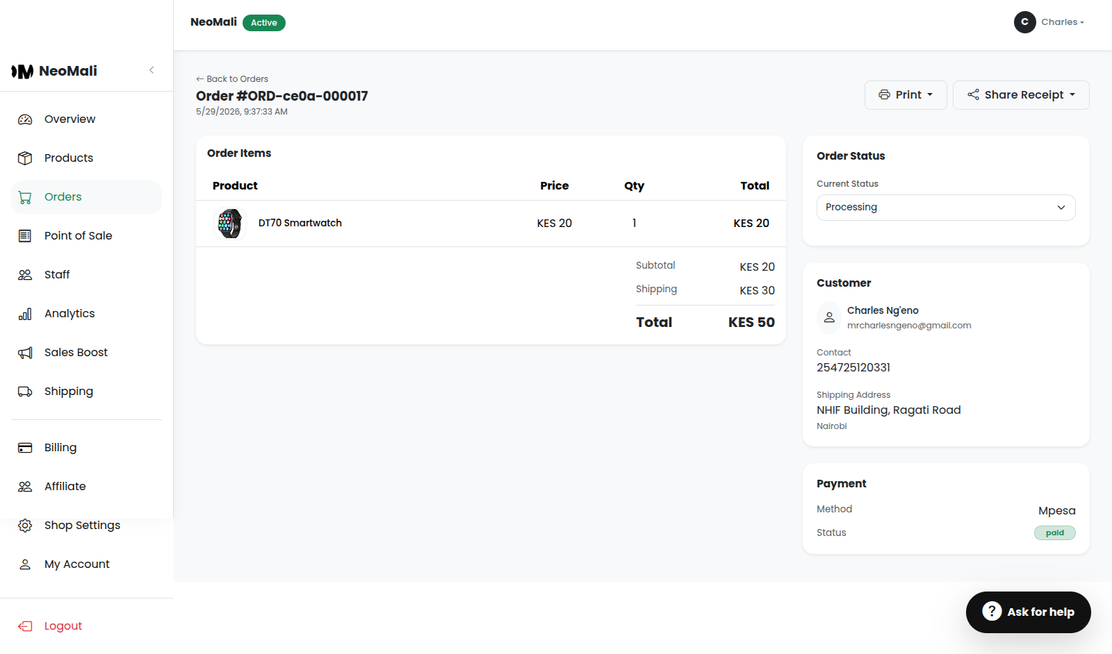 Specific Order Details Page showing customer and item breakdown