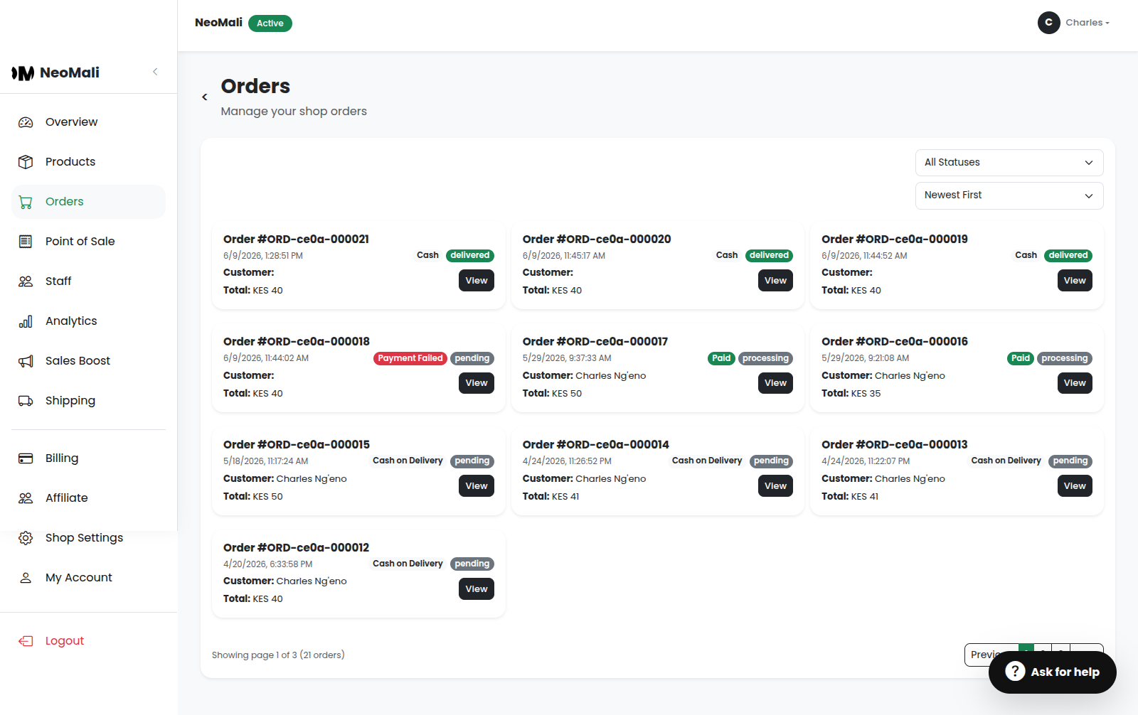 Main Orders Dashboard showing order cards and filters