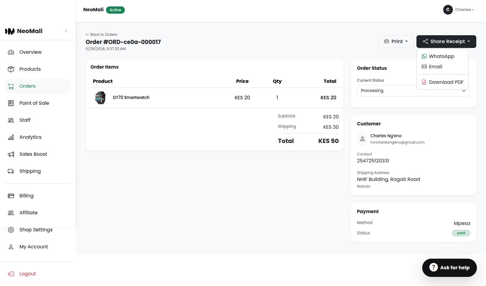 Share and Download Receipt options