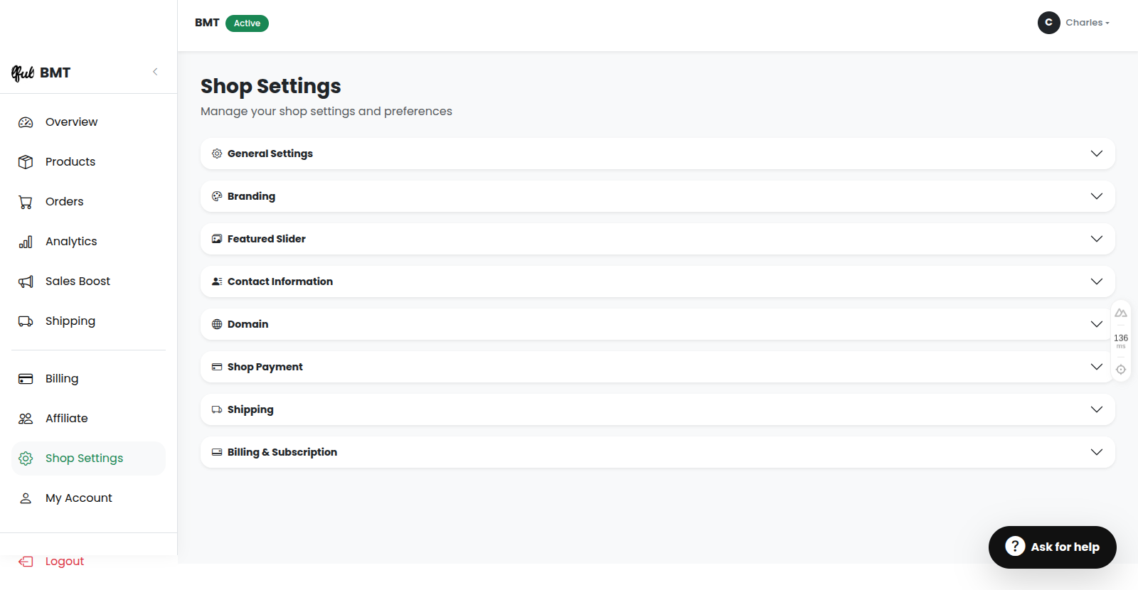 Shop Settings Navigation