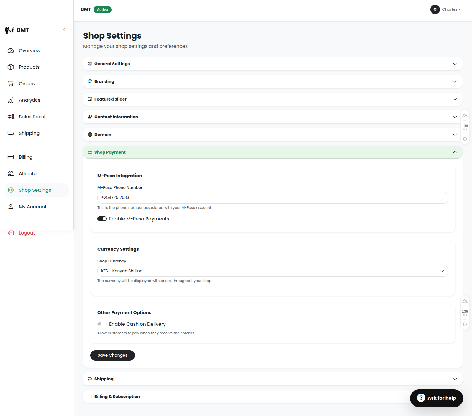 Shop Payment Settings